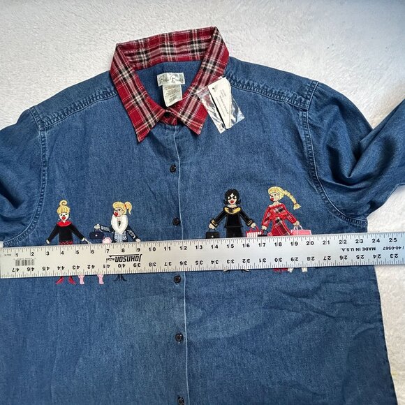 Bobbie Brooks Womens Embroidered Denim Button Up Shirt with Plaid Collar XL New - Picture 7 of 8